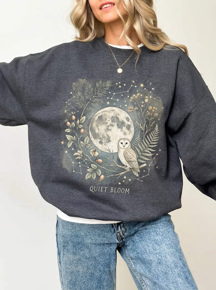 Women's Nature Moon Owl Floral Graphic Sweatshirt