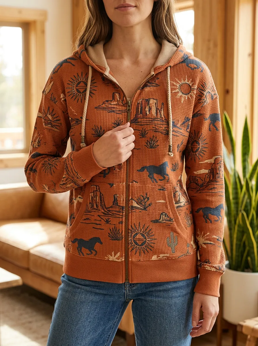 Women's Western Desert Horse Sun Printed Waffle Zip Hoodie