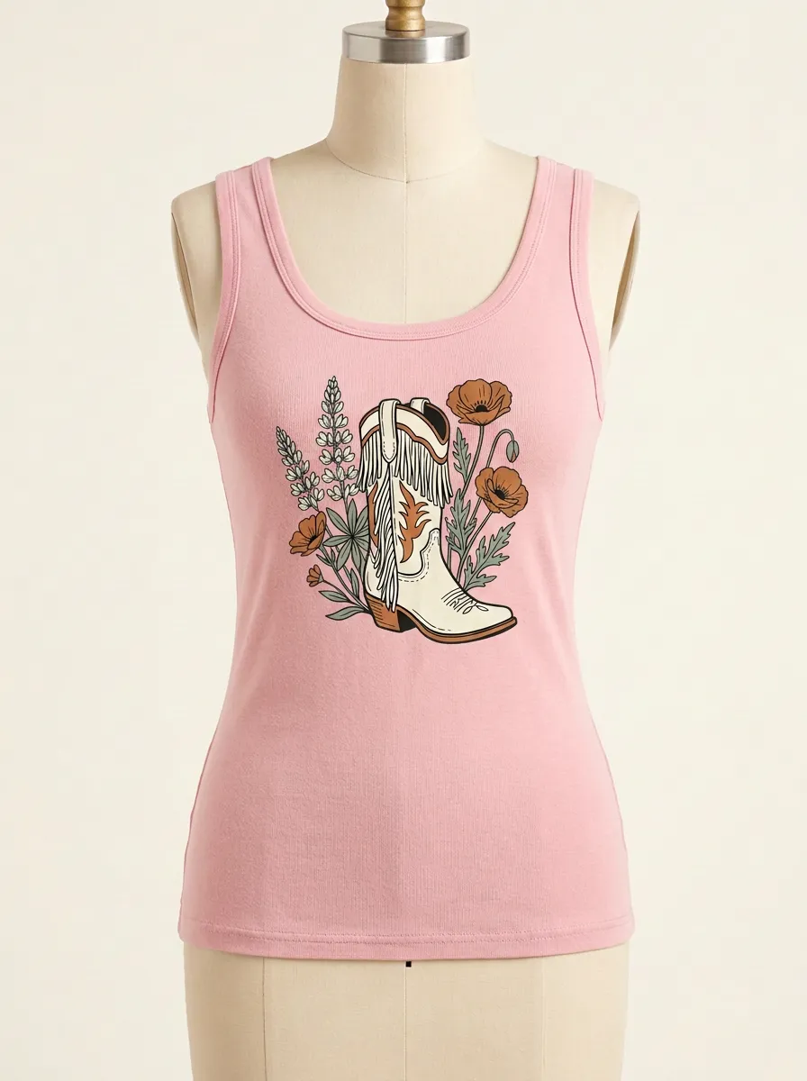 Desert Fringe-Boot Floral Built-In Bra Tank Top