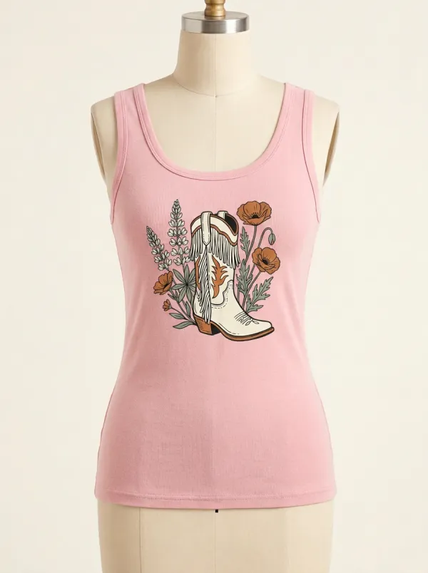 Desert Fringe-Boot Floral Built-In Bra Tank Top