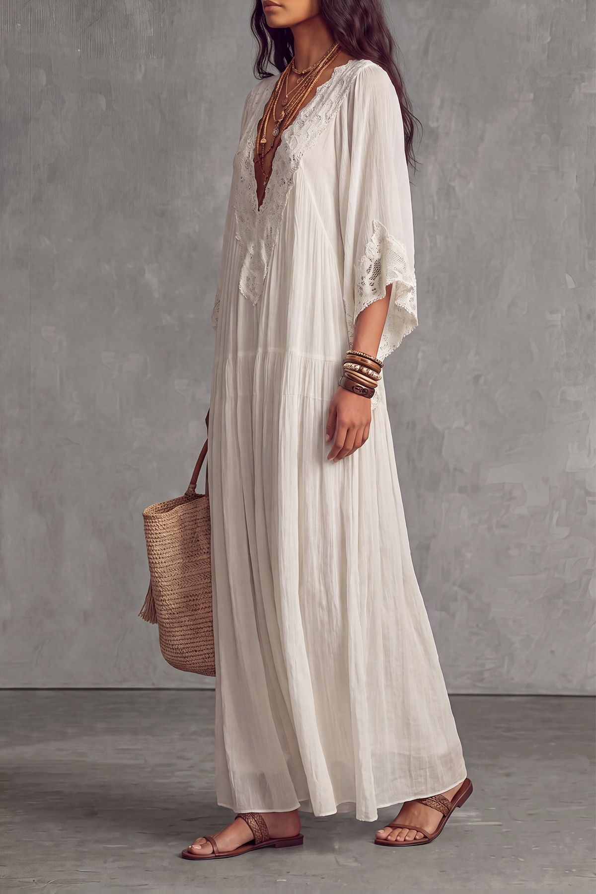 Plunge Neck Lace Trim Lace Maxi Dress
