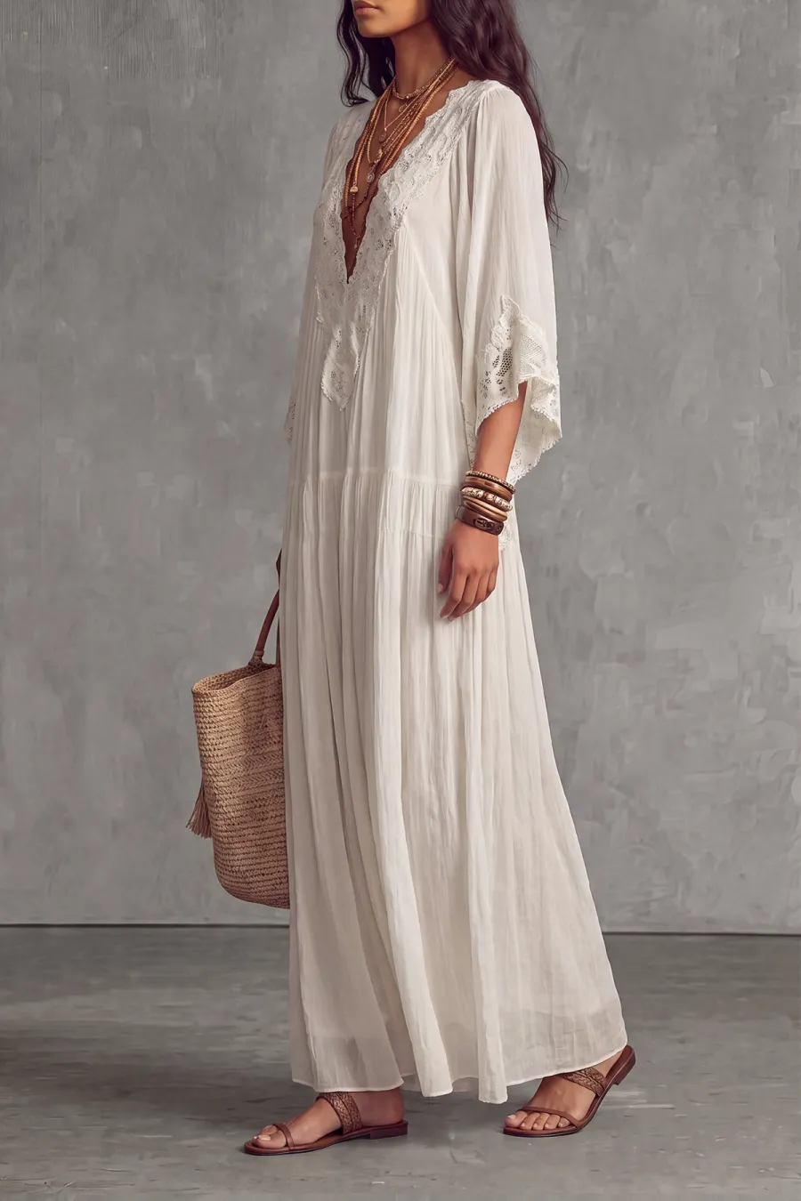 Plunge Neck Lace Trim Lace Maxi Dress