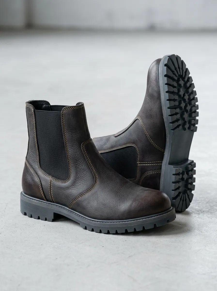Unisex Leather Chelsea Lug Sole Print Work Boots