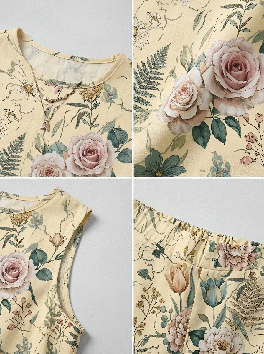 Women's Vintage Floral Botanical Printed Sleeveless Shorts Set