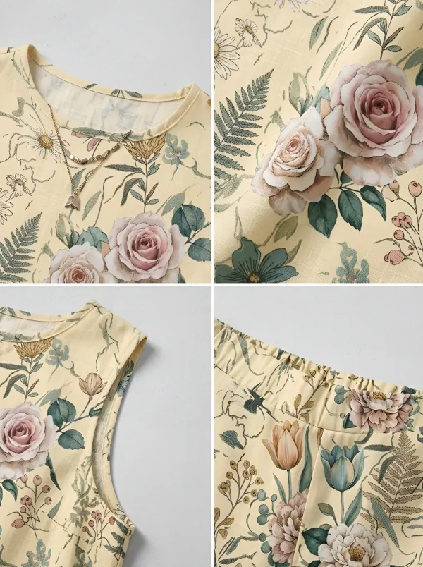 Women's Vintage Floral Botanical Printed Sleeveless Shorts Set