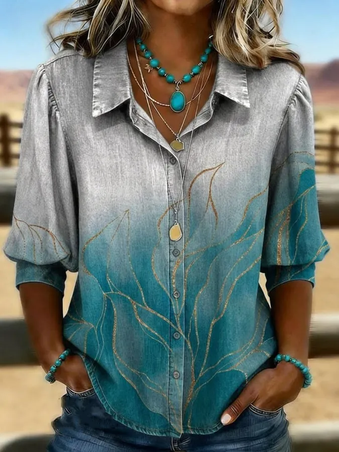Women's Retro Art Casual Puff Sleeve Denim Shirt