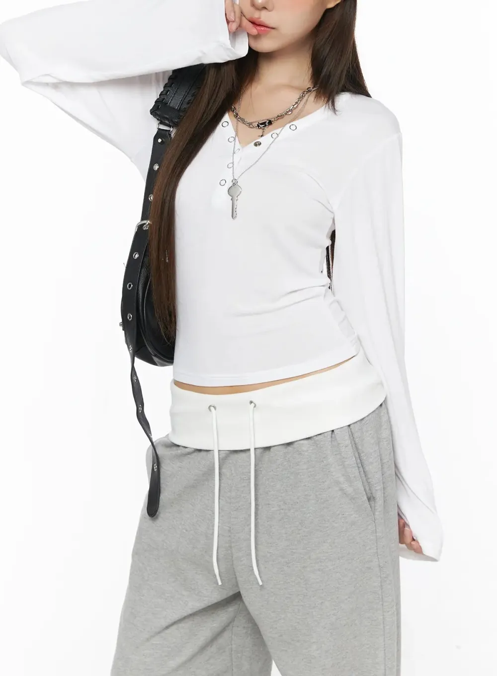 Eyelet Henley V-Neck Long Sleeve Tee