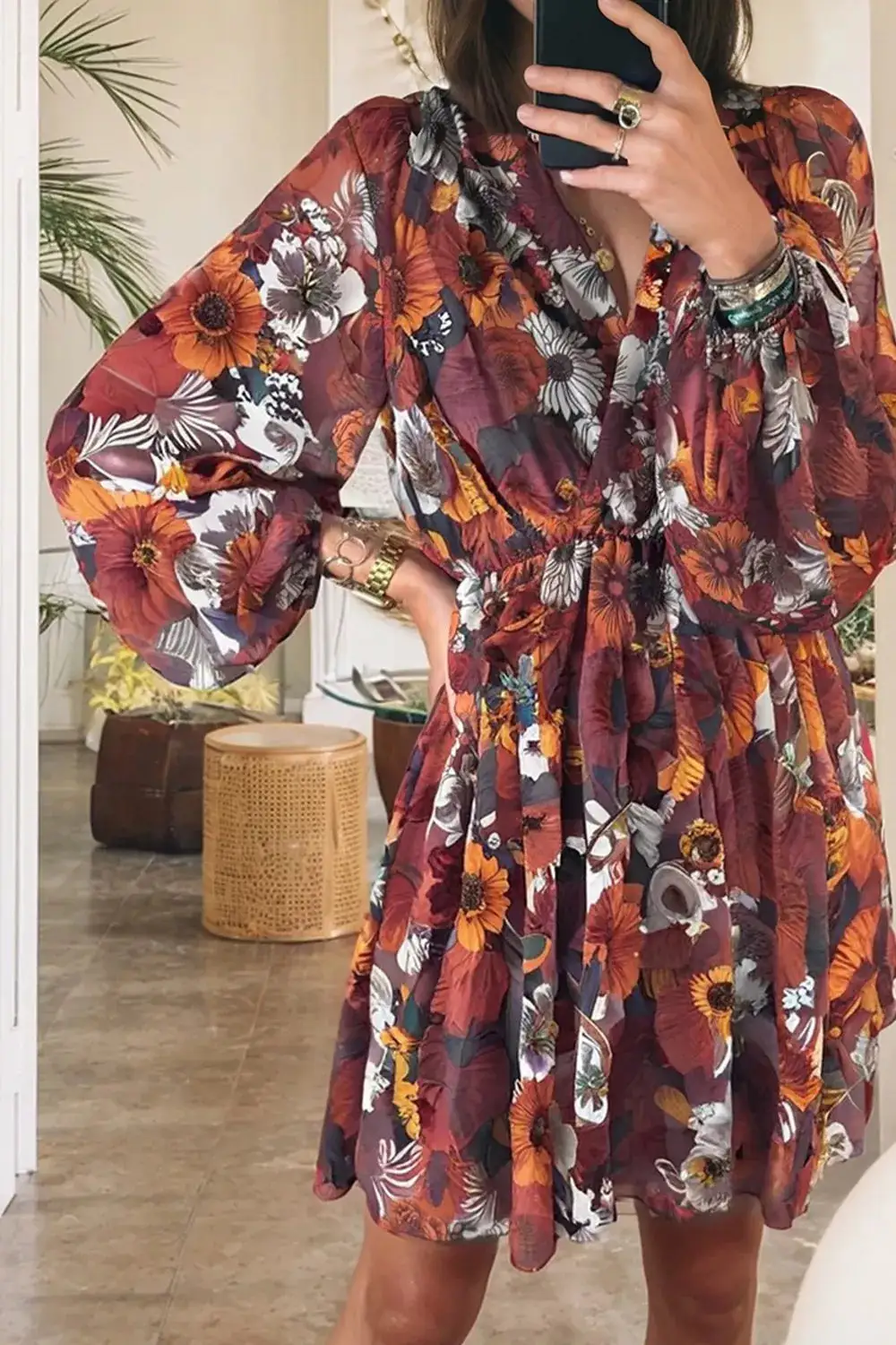 Layered Detail Floral Printed Mini Dress