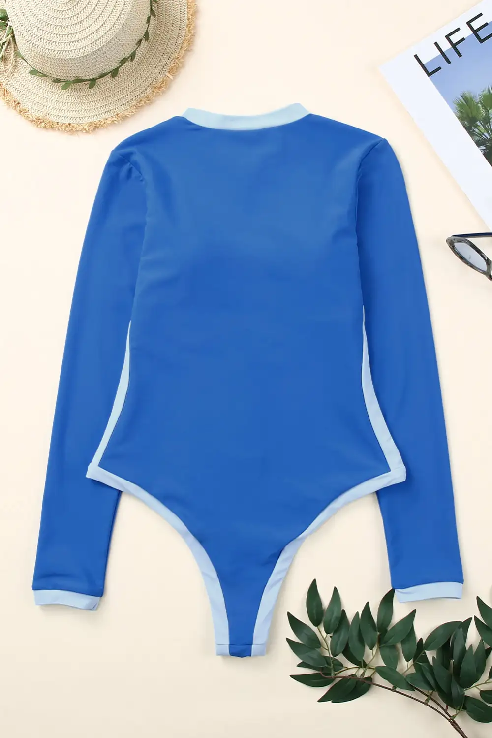 Swimwear Colorblock Trim Zip Front Long Sleeve Rash Guard Swimsuit