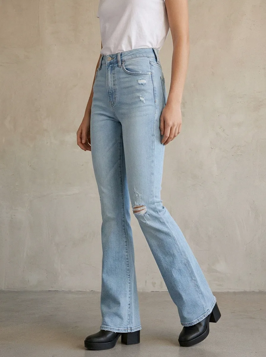 Distressed Women's High-Waist Stretch Flare Jeans