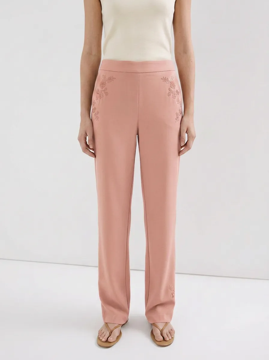 Women's Floral Embroidery Tan Mid-Rise Straight Leg Pants