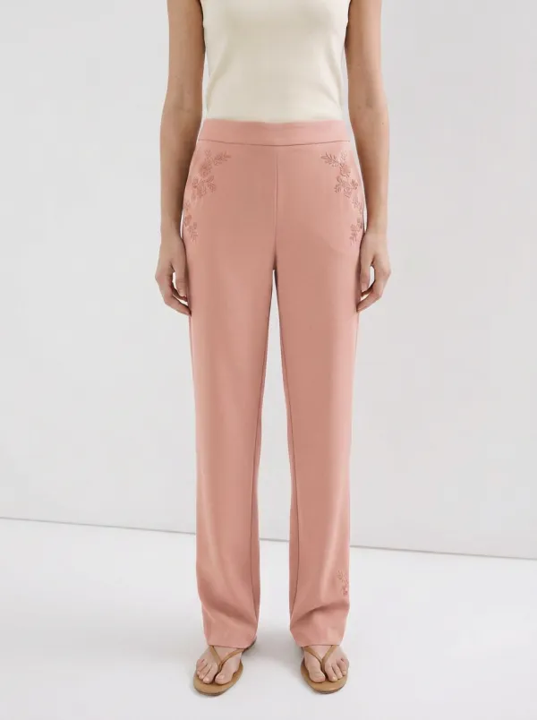 Women's Floral Embroidery Tan Mid-Rise Straight Leg Pants