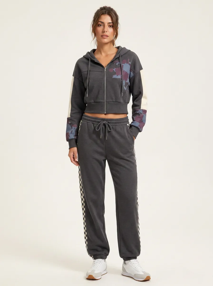 Women's Streetwear World Map Checkered Printed Tracksuit