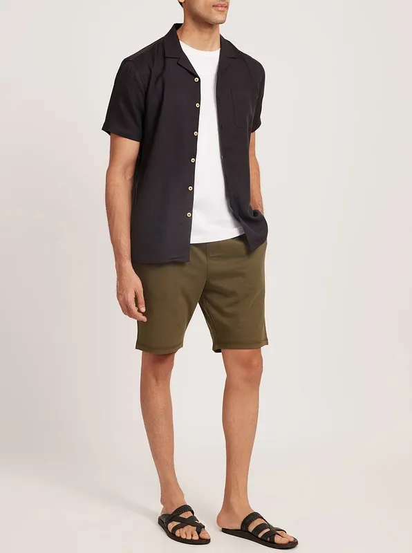 Black Tencel Linen Notched Collar Shirt