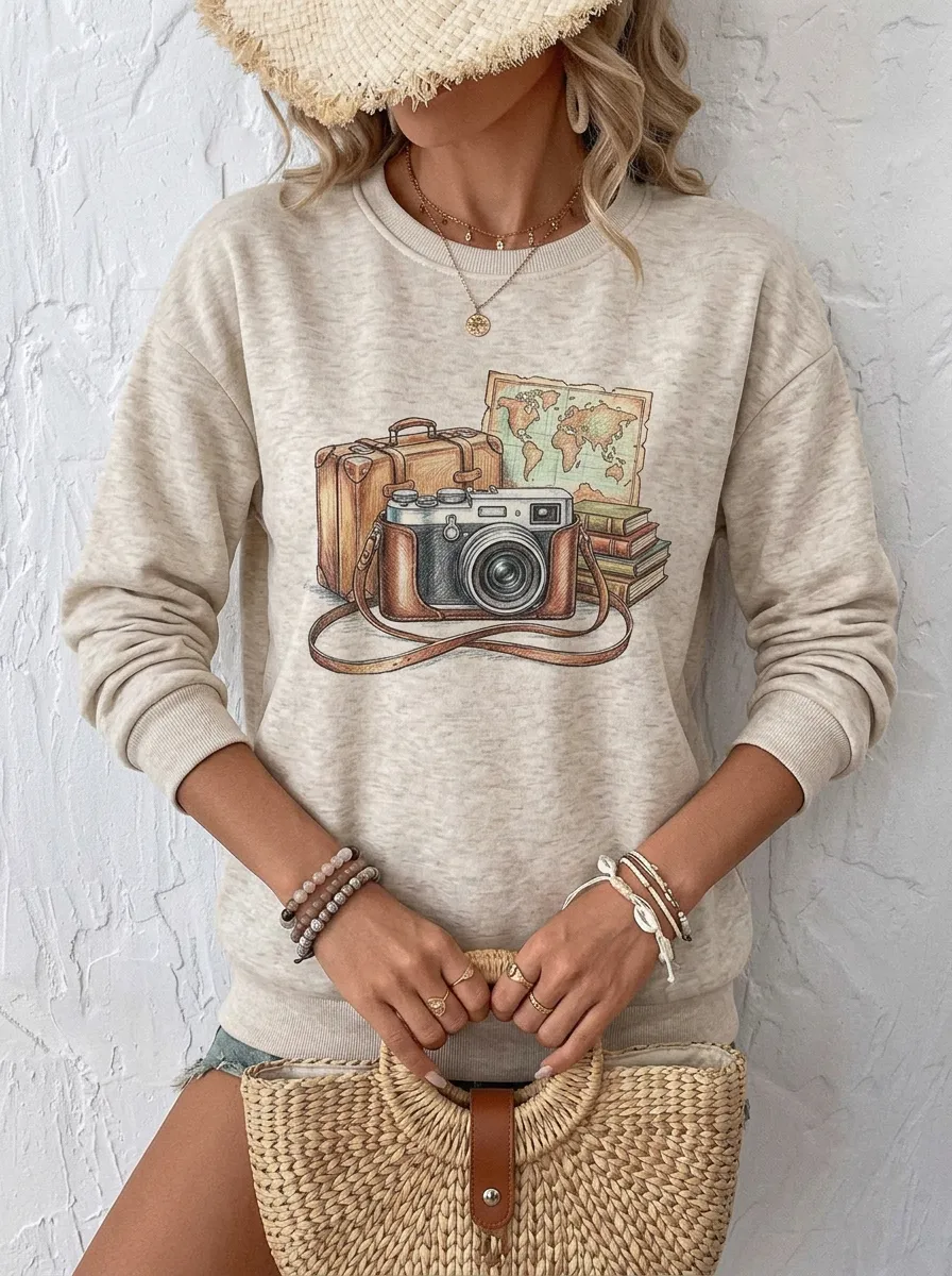 Women's Travel-Inspired Camera Map Suitcase Printed Sweatshirt