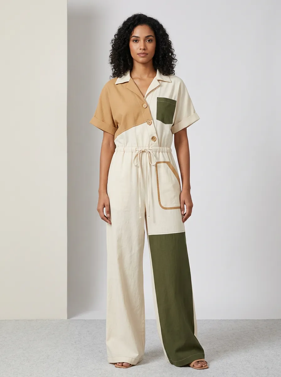 Women's Patchwork Colorblock Cotton Jumpsuit