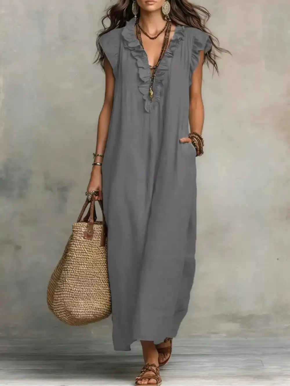 Ruffled V-Neck Maxi Dress