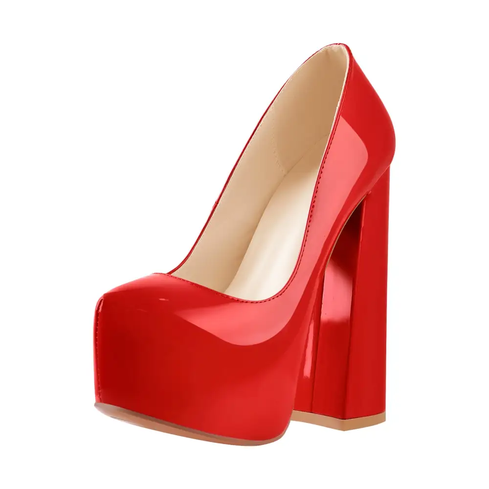 Sleek Patent Finish Pointed Toe Platform Chunky Heel Pumps