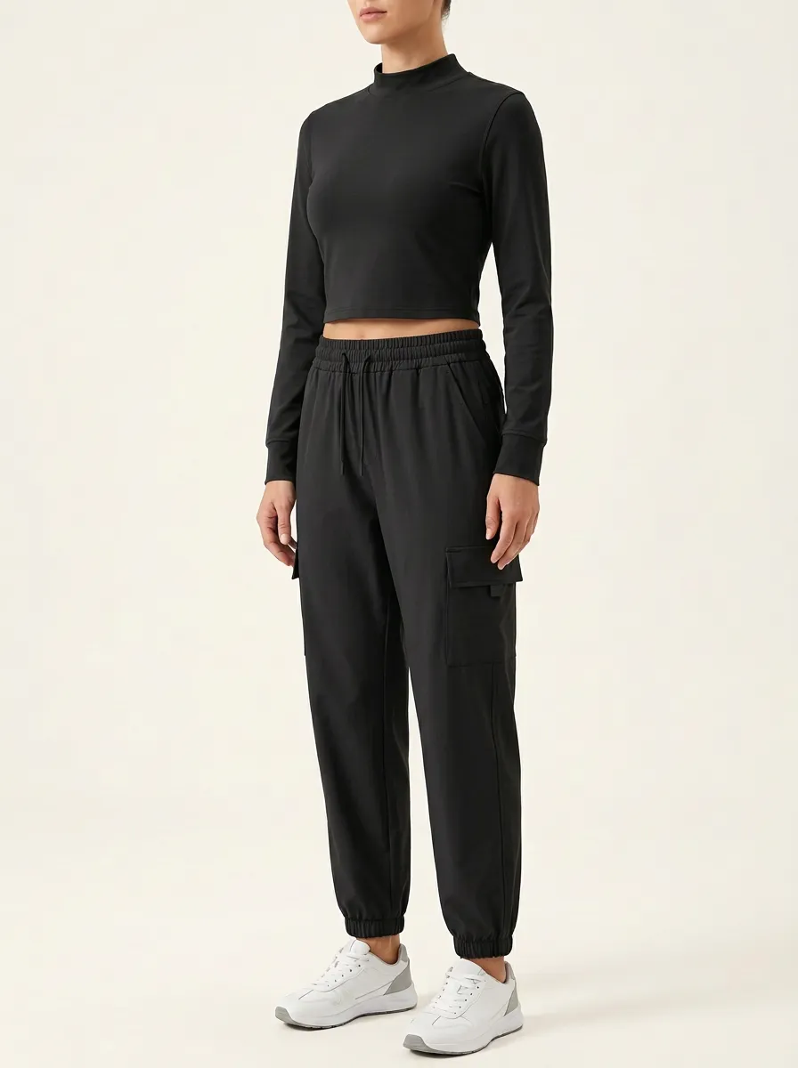 Women's Mock-Neck Fitted Crop Top and Cargo Jogger Set