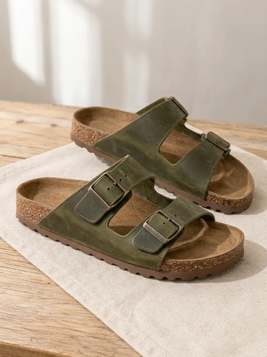 Unisex Olive Green Cork Footbed Double Buckle Sandals