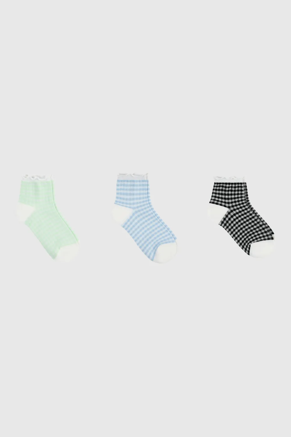 Gingham Ruffle Trim Socks - Three Pack