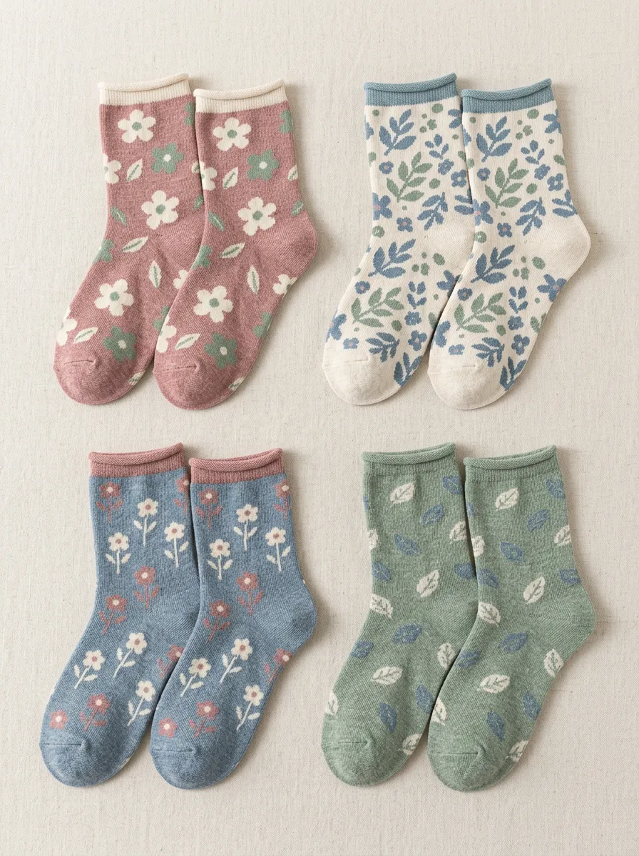 Women's Rolled Edge Botanical Crew Socks Four Pair Set