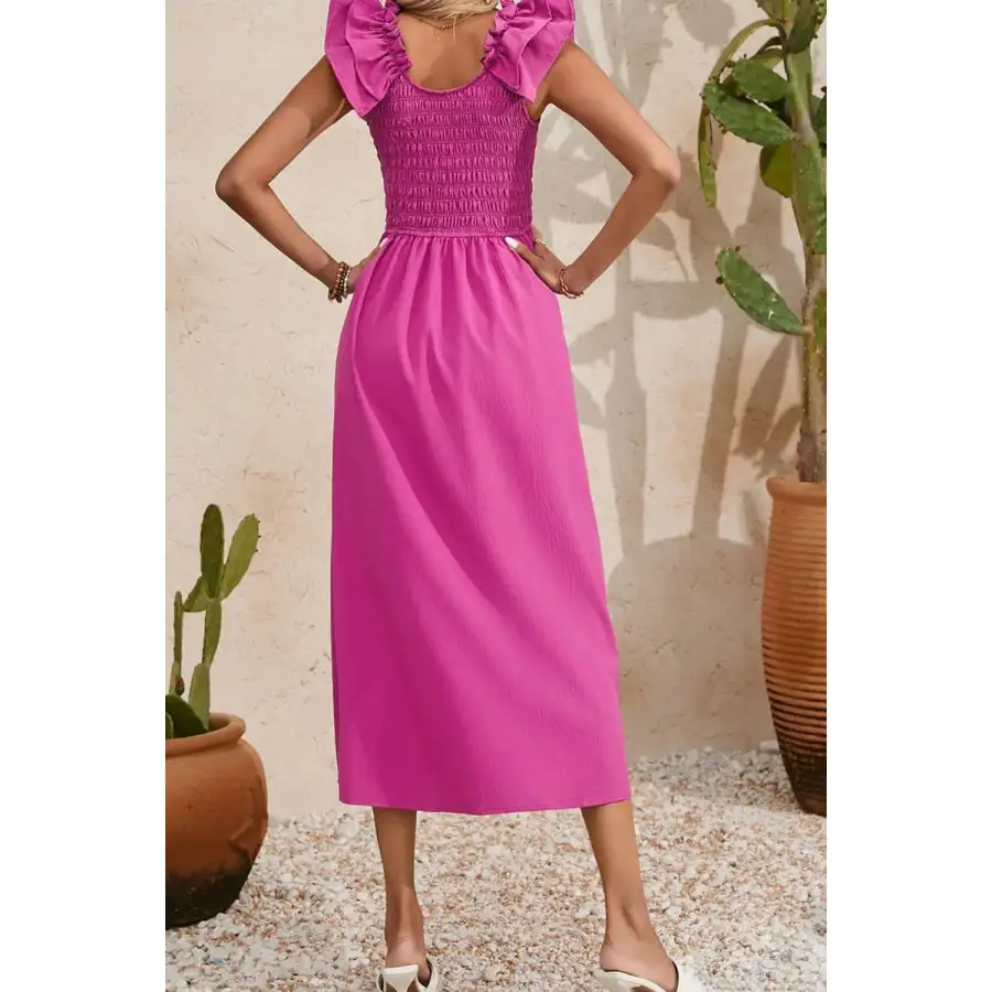 Solid Color Ruffled Straps Smocked Ruched Maxi Dress