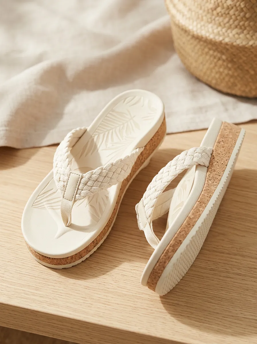 Women's Cork Leaf Print Flat Flip Flops