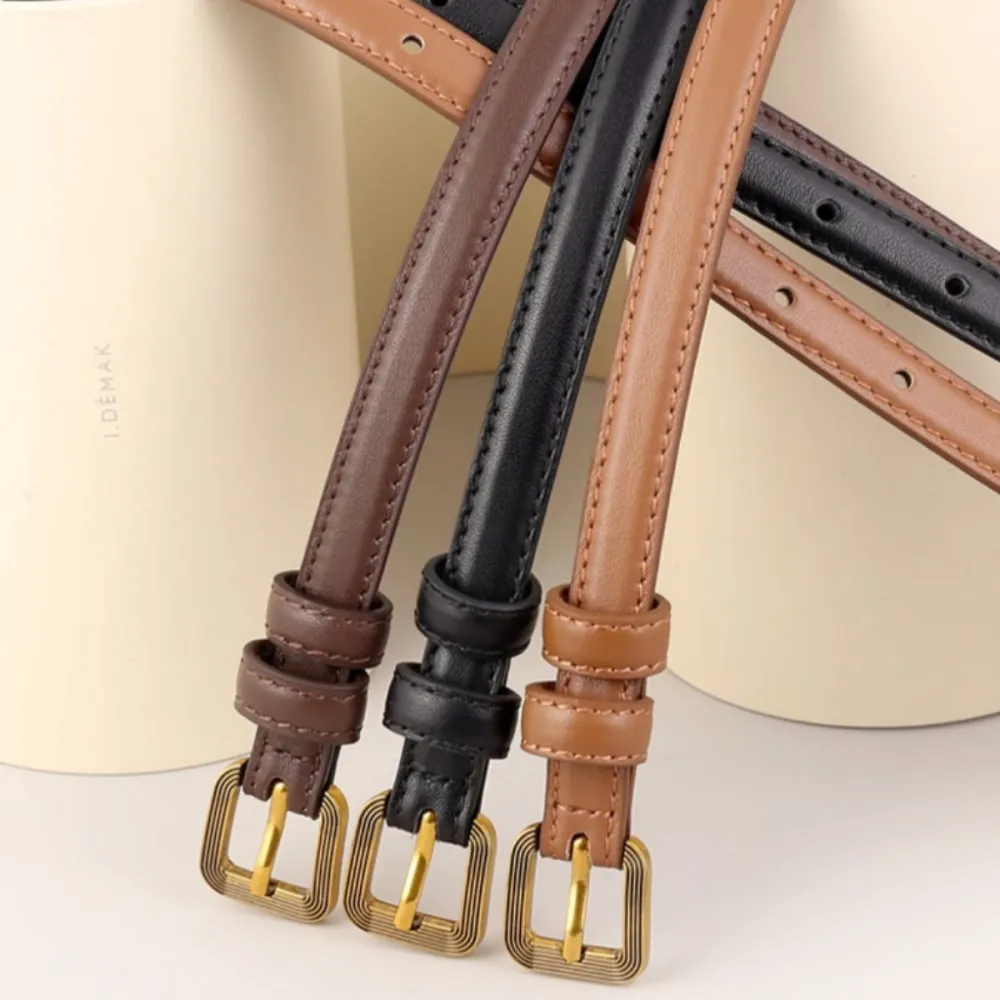 Leather Leather Skinny Belt with Buckle