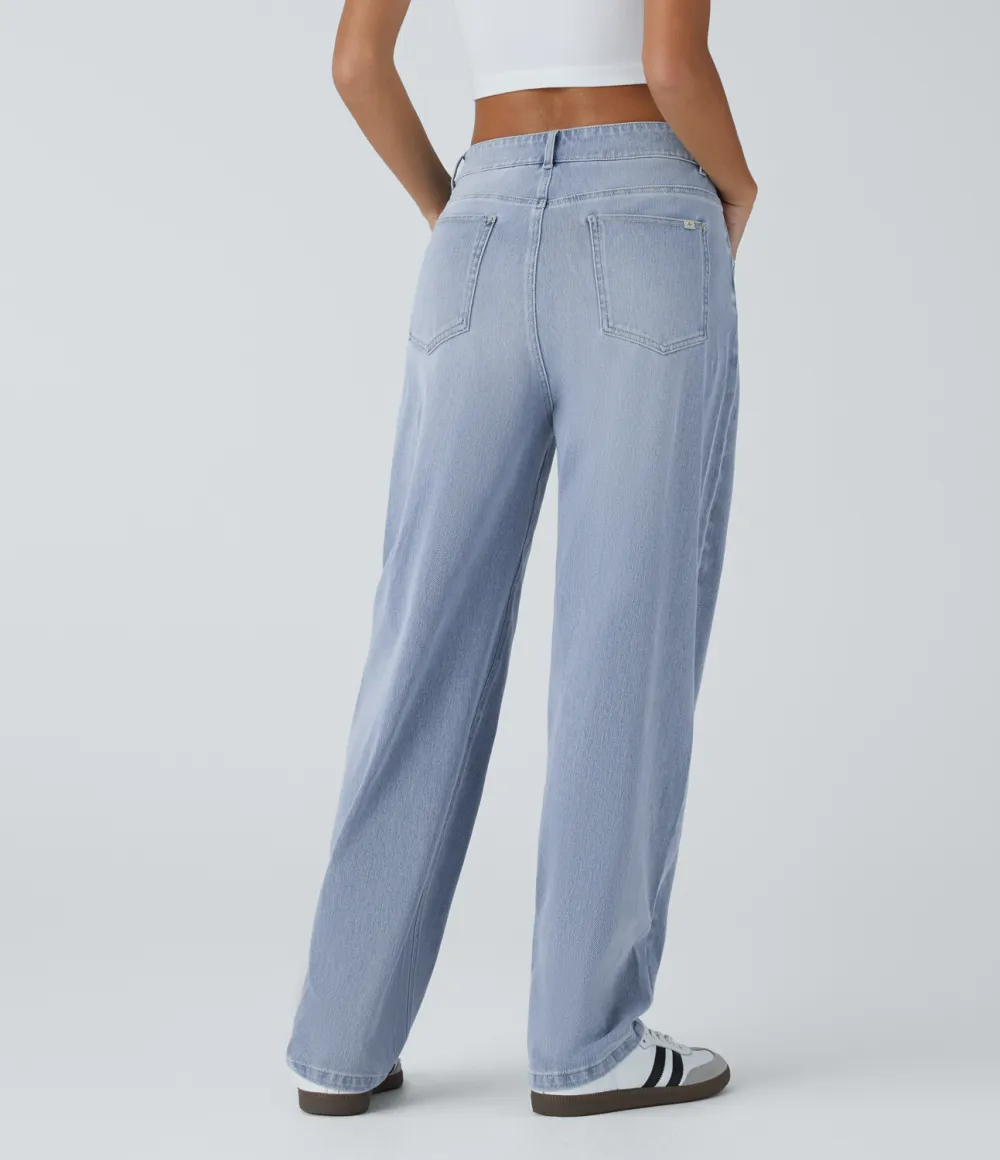 Magic Mid Low Rise Button Zipper Multiple Pockets Washed Stretchy Knit Casual Mom Jeans