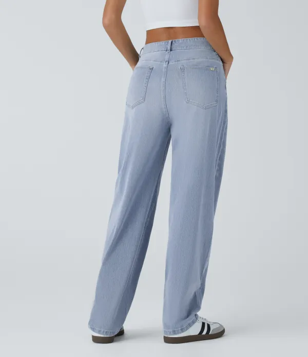 Magic Mid Low Rise Button Zipper Multiple Pockets Washed Stretchy Knit Casual Mom Jeans