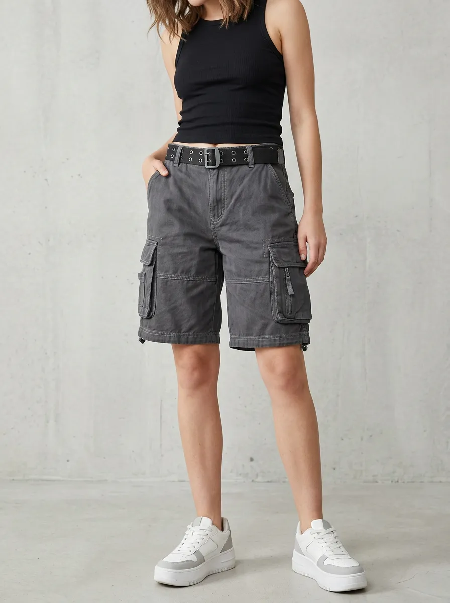 Women's Casual Streetwear Grey Multi-Pocket Cargo Shorts