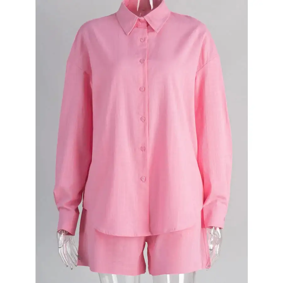 Button Up Long Sleeve Shirt and Shorts Set