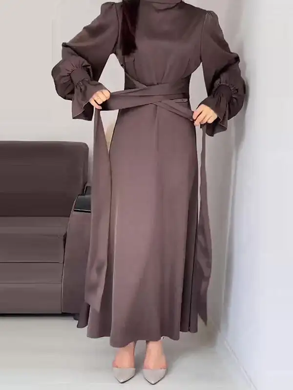 Sleeves Color Pleated Long Neck Maxi Dress