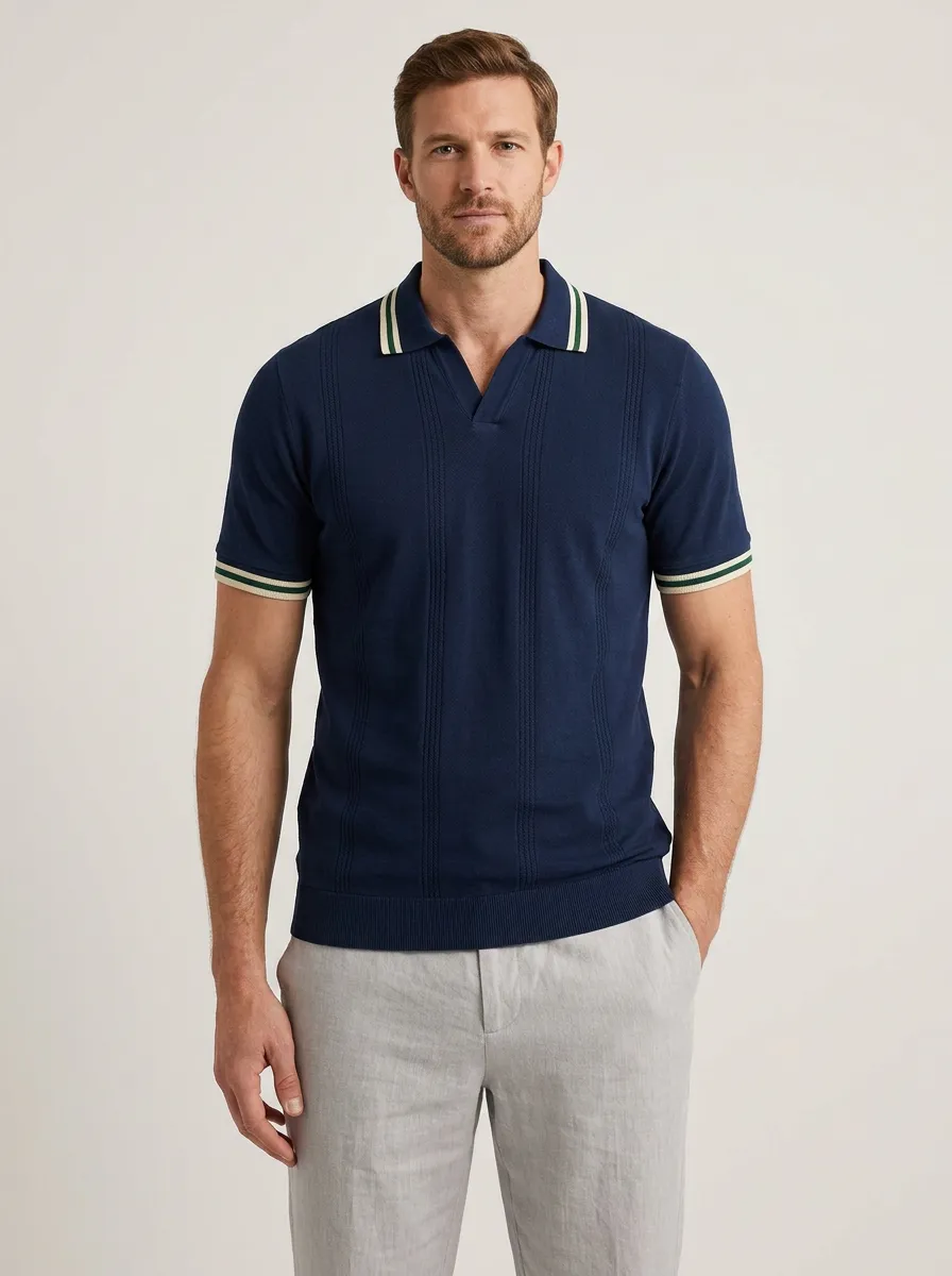 Men's Vintage Style Navy Striped V-Neck Knit Polo Shirt
