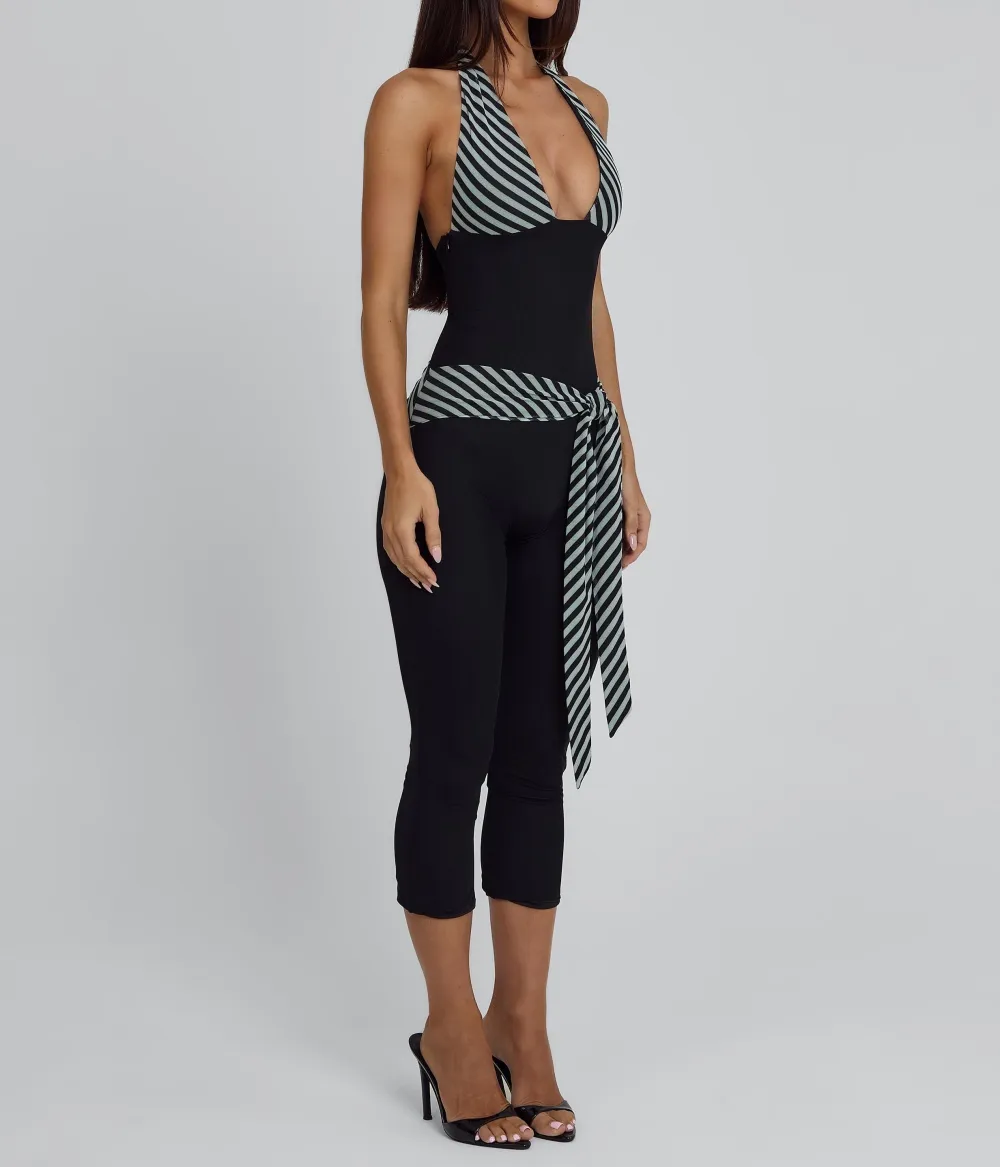 Black Stripe Halter Capri Jumpsuit