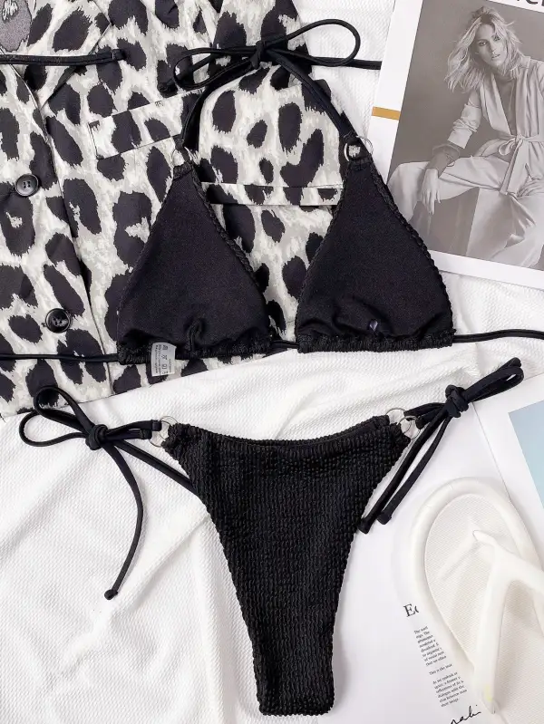 Textured Halter Neck Tie Side Bikini Swim Set