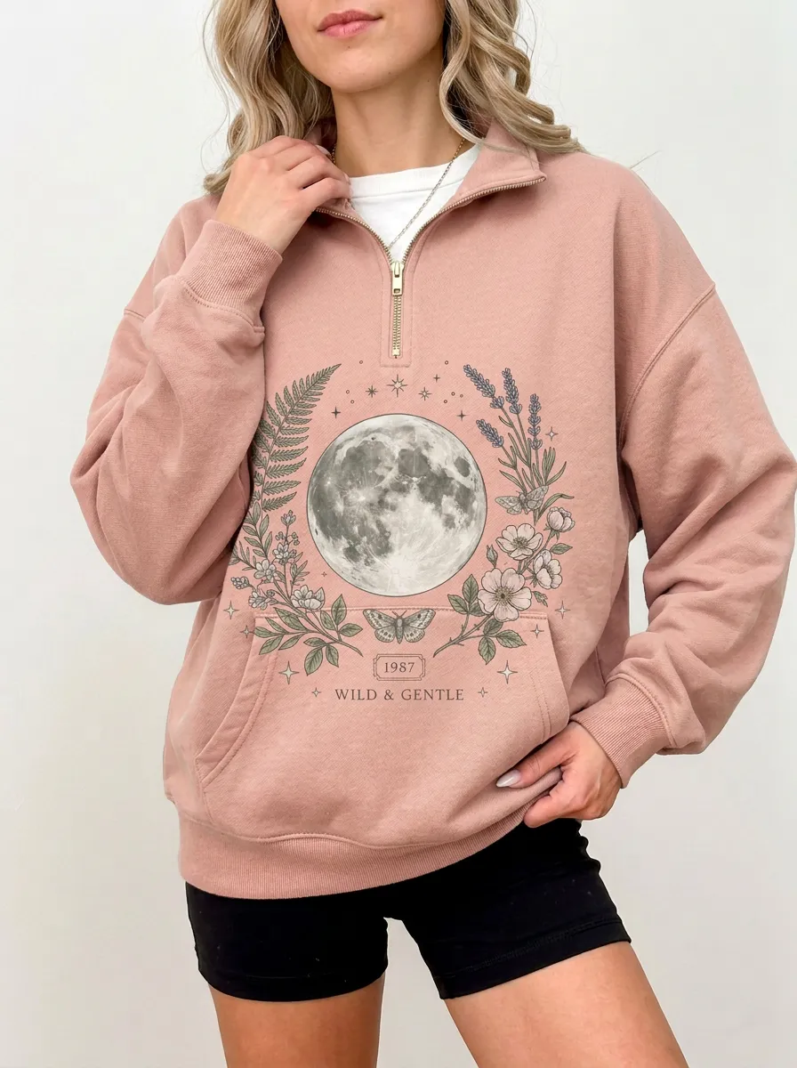 Women's Celestial Moon Floral Moth Graphic Quarter Zip Sweatshirt
