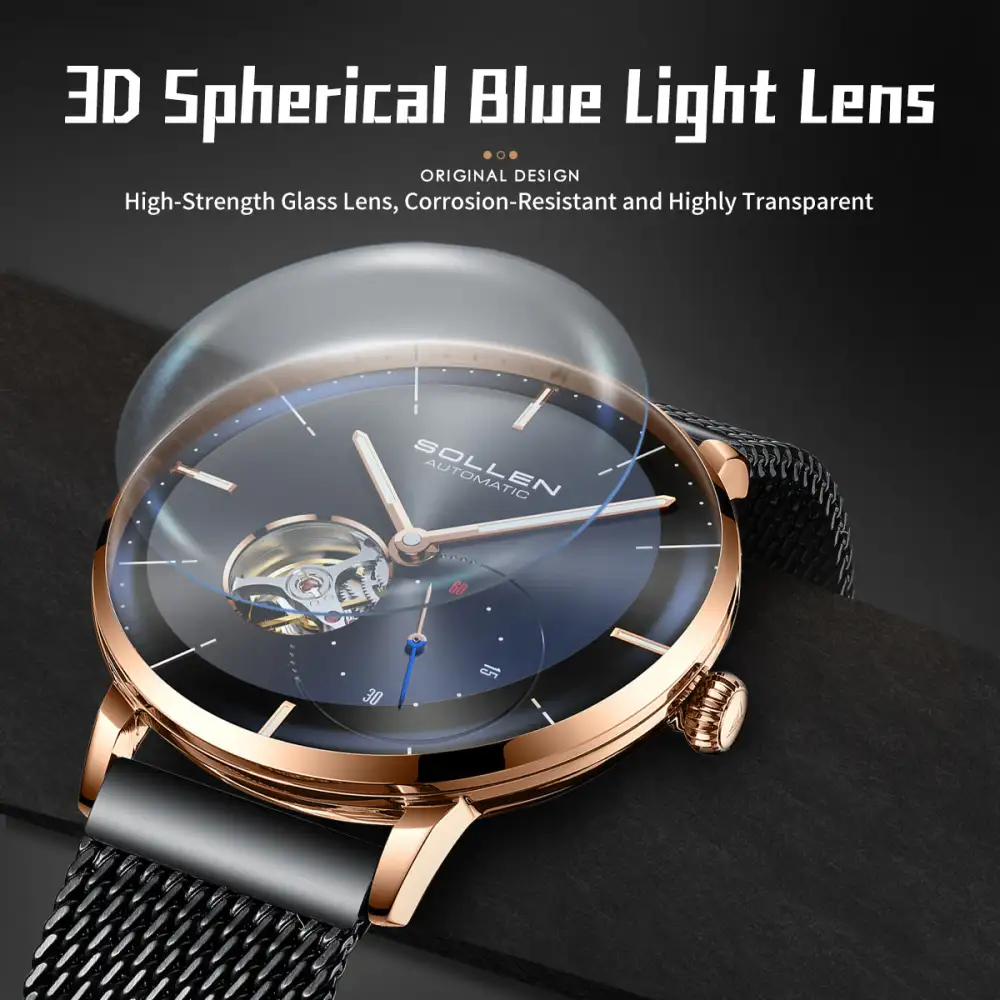 Sollen SL305X Men's Open Heart Automatic Mechanical Watch - 42mm Stainless Steel Case Slim 9.9mm Small Seconds Minimalist Dial Wristwatch