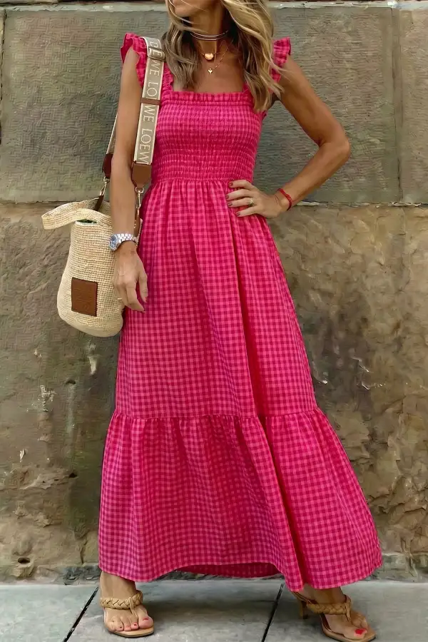 Classic Plaid Square Neck Fit and Flare Vacation Sundress