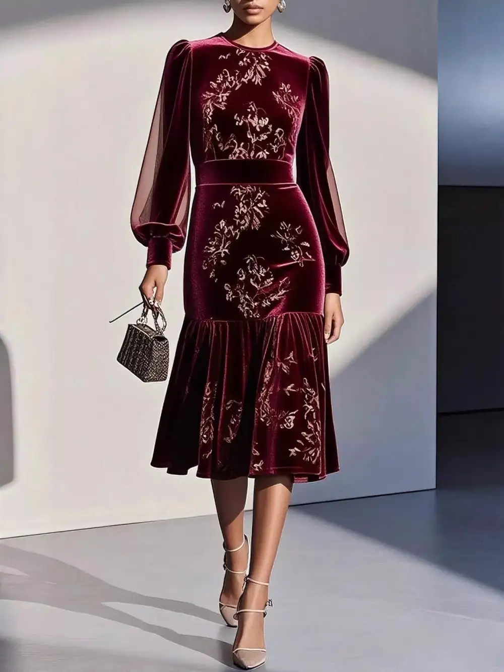 Velvet Lantern Sleeve Midi Dress