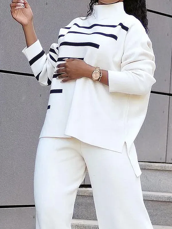 High Low Split Hem High Neck Long Sleeve Pullover Sweater