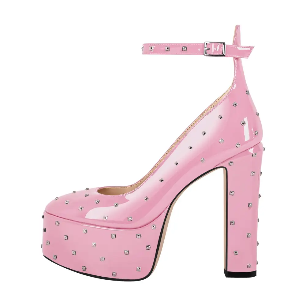 Rivet Round Toe Platform Chunky Heel Ankle Strap Pumps