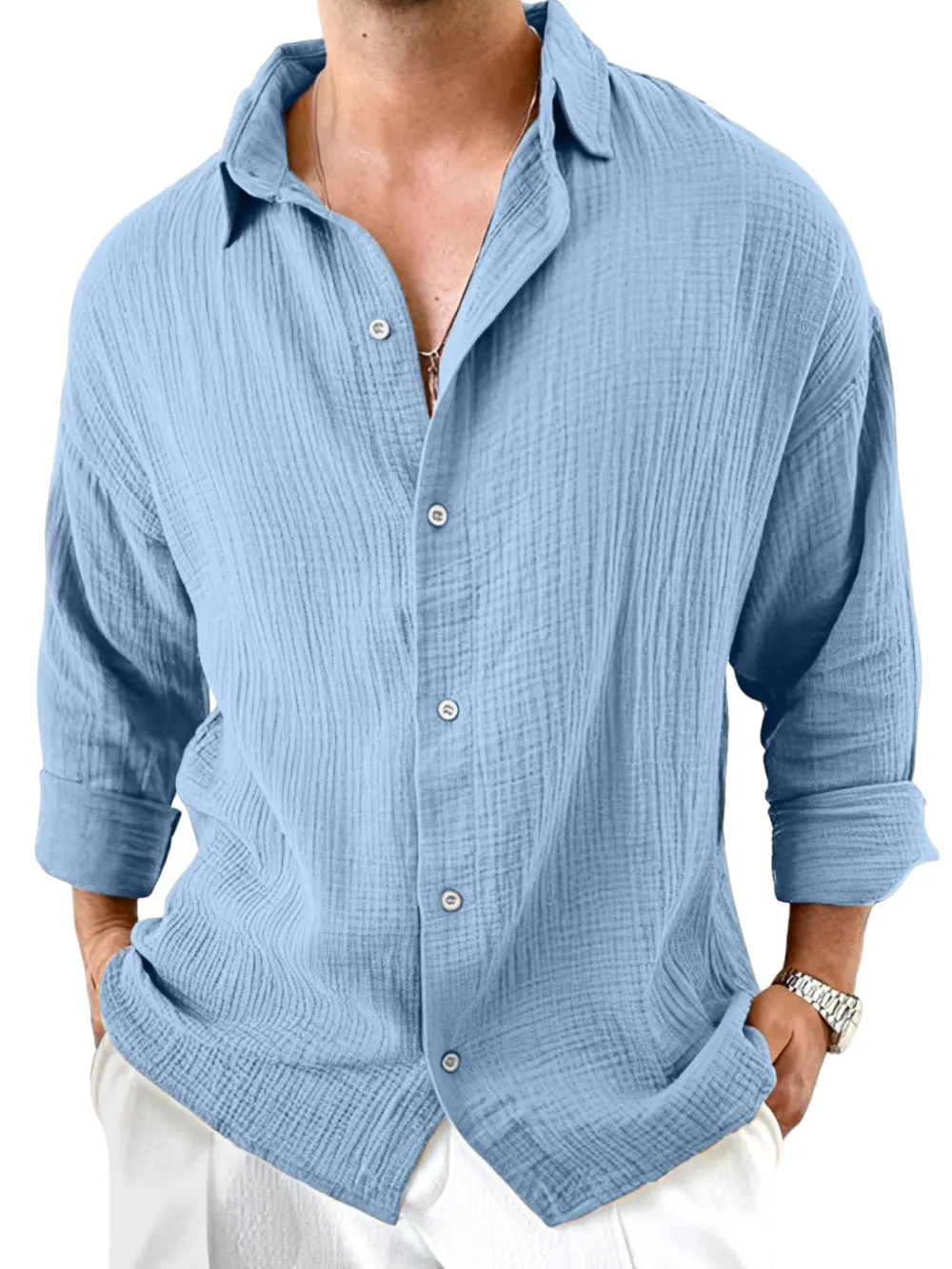 Roomy Long Sleeve Camp Collar Pleated Front Shirt