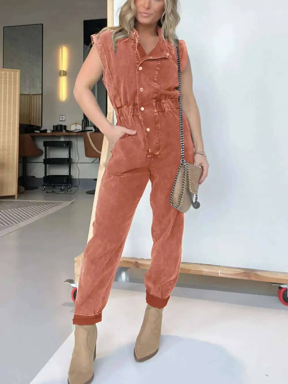 Modern Denim Button Front Jumpsuit