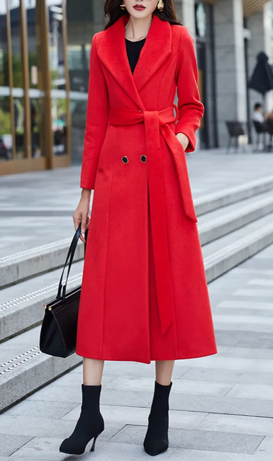 Refined Wool Blend Fit and Flare Double Breasted Belted Pocketed Coat