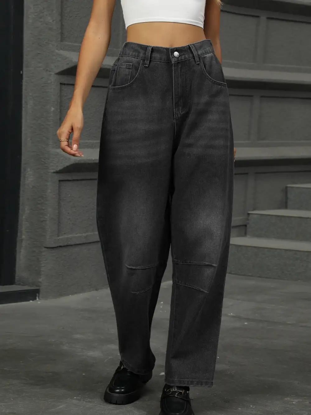 Straight Leg Elastic Waist Denim Jeans