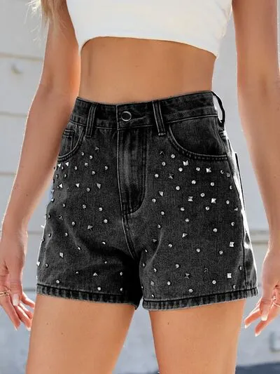 Rhinestone Washed High Waist Shorts Denim Pants