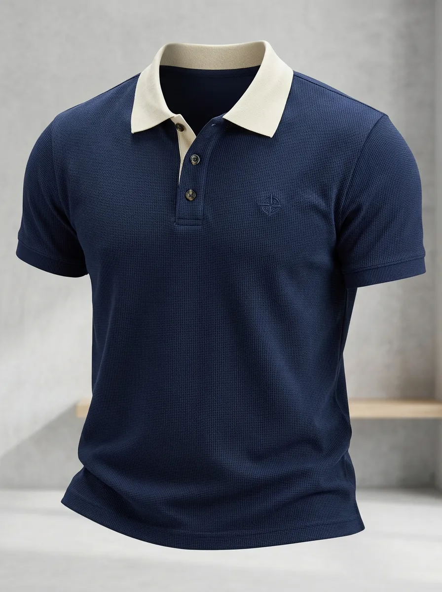 Waffle-Knit Compass-Detail Embroidered-Detail Men's Polo Shirt