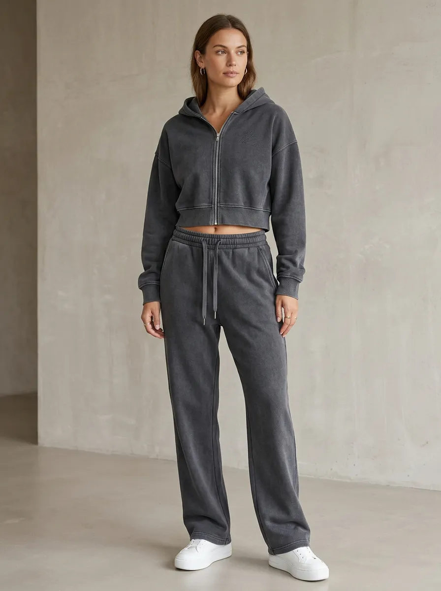Zip-Up Vintage-Wash Sweatpants Athleisure Women's Cropped Zip-Up Hoodie Jogger Active Set